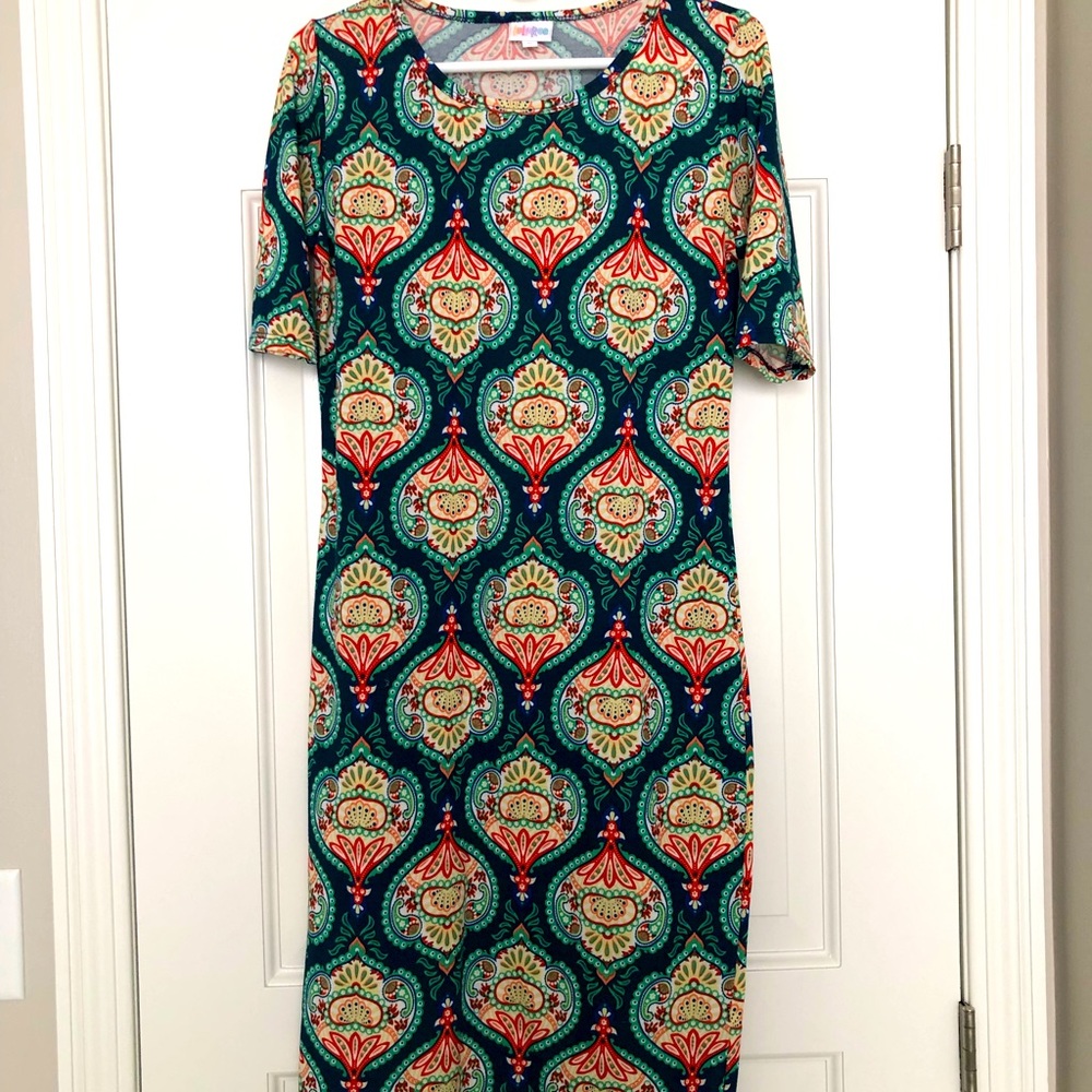 LulaRoe Julia Dress in navy and coral size Med